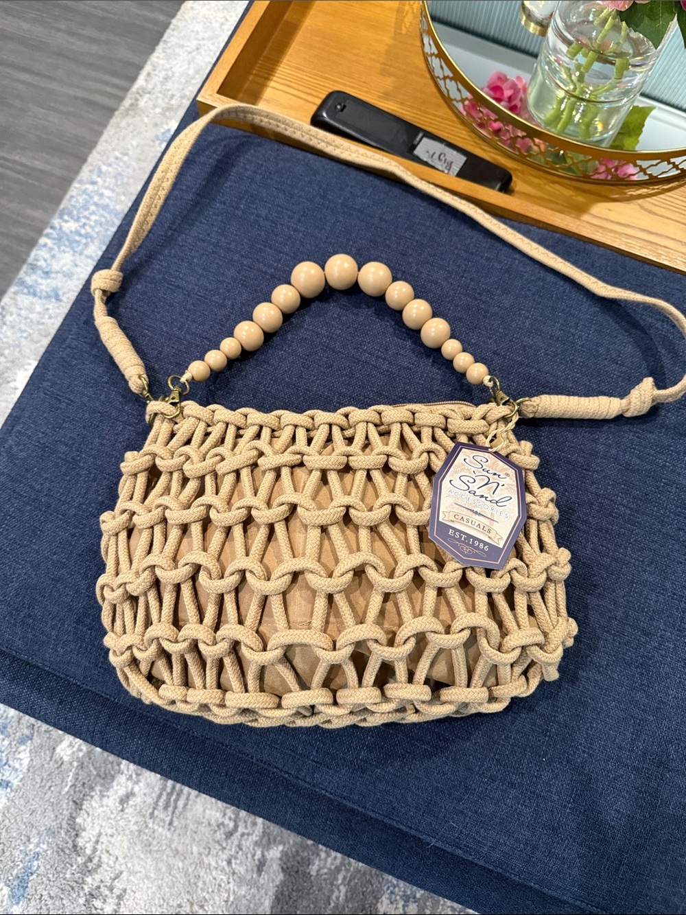 Sun & Sand Beige Macramé Crossbody Bag with Bead Accent - Picture 3 of 3